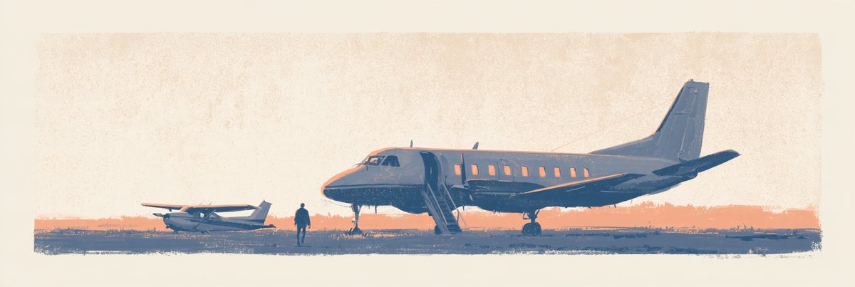 A silhouetted commercial airplane on a tarmac at sunset with a small aircraft and figure standing nearby.