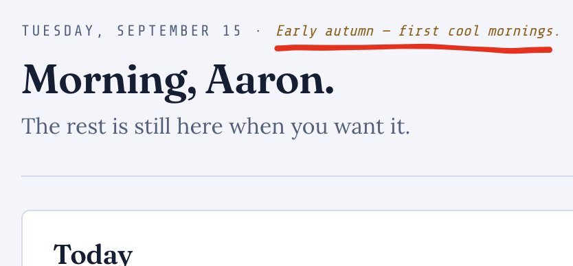 Cloudbase header header dated Tuesday, September 15 with heading "Morning, Aaron" and subtitle "Early autumn โ first cool mornings."