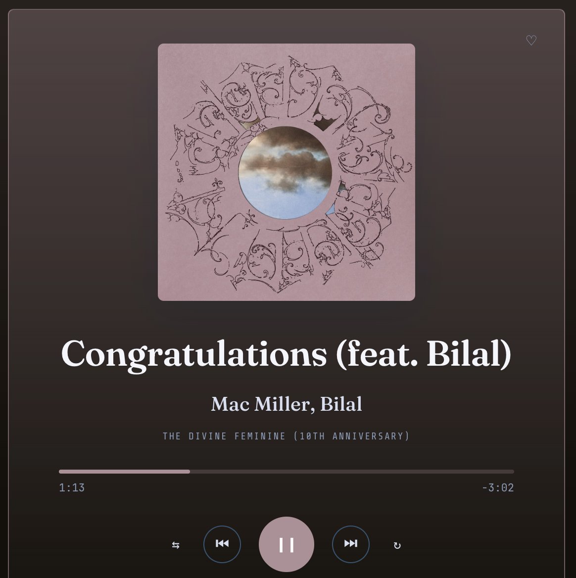 Music player displaying "Congratulations (feat. Bilal)" by Mac Miller from The Divine Feminine 18th Anniversary album with ornate circular artwork.
