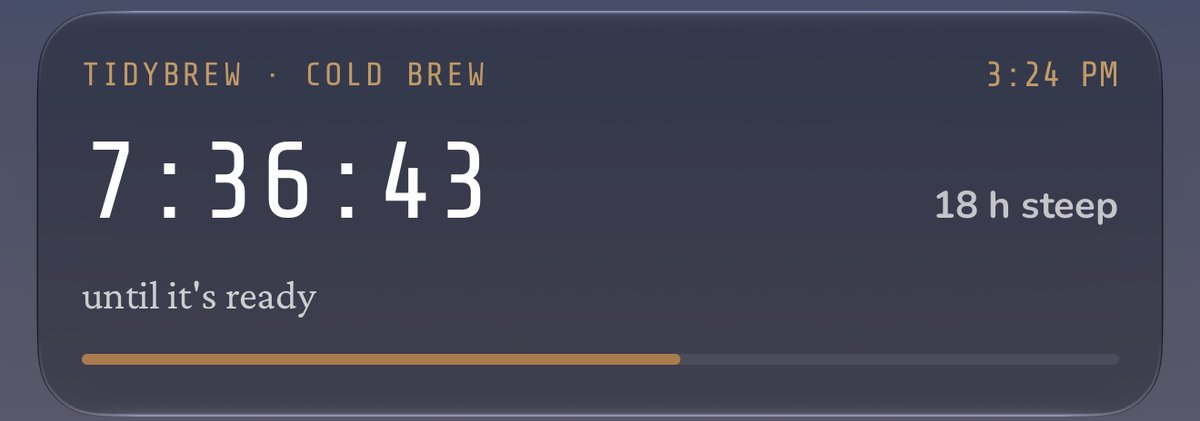 Timer display showing 7 hours 36 minutes 43 seconds remaining for an 18-hour cold brew steep cycle at 3:24 PM.