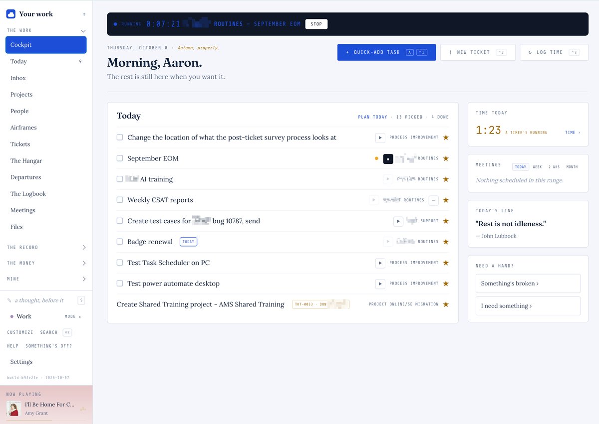 Project management dashboard showing a daily task list with multiple items, time tracking showing 1:23 elapsed, and sidebar navigation for a work application.