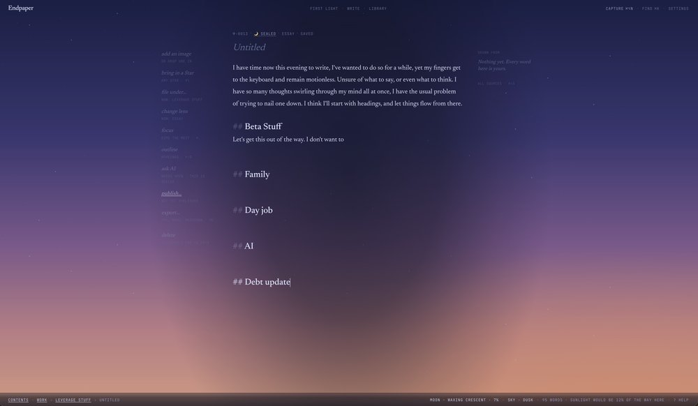 A blog post titled "Untitled" with a purple-to-orange gradient background, displaying paragraphs of text and a bulleted list of draft sections including "Beta Stuff," "Family," "Day job," "AI," and "Debt update."