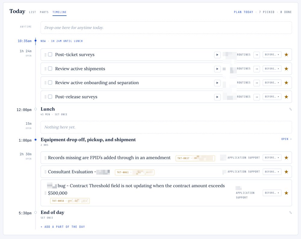 Daily timeline interface showing tasks scheduled from morning to evening, including surveys, lunch, equipment shipment, and bug tracking items with status indicators.