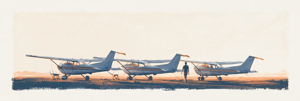 Three small aircraft parked in a row on a desert airstrip with a person standing nearby.