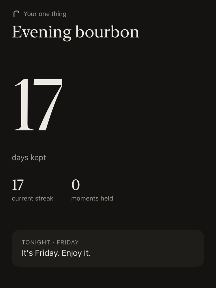 Tracker app showing "Evening bourbon" with 17 days kept, 17 current streak, 0 moments held, and Friday motivational message on dark background.