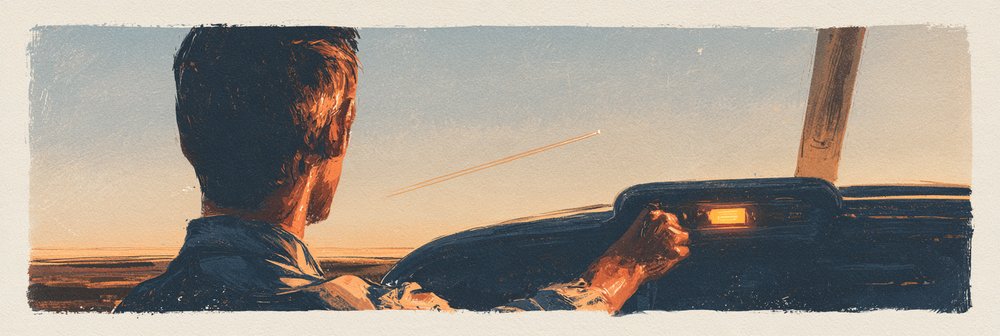 Man sitting in a cockpit, gazing across a flat, expansive landscape.