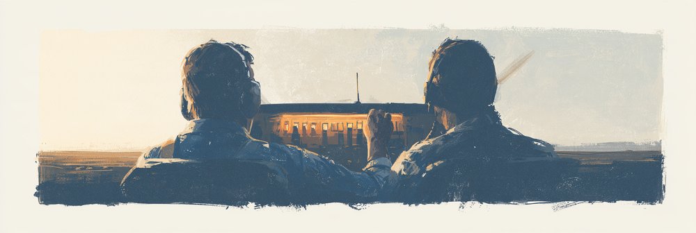 Two silhouetted figures viewing an airplane's cockpit bathed in golden sunlight from behind.