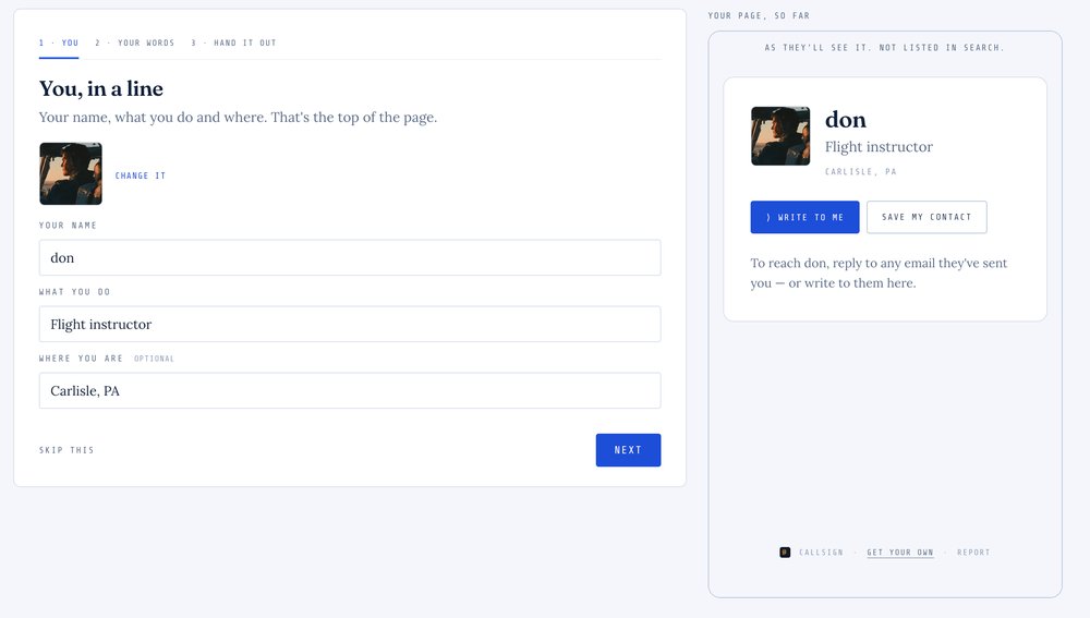 A profile creation form showing fields for name, occupation, and location, with a preview of the completed profile for a flight instructor named don from Carlisle, PA on the right side.