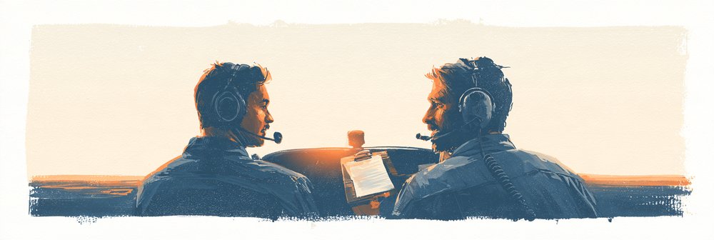Two pilots in headsets sit in a cockpit facing forward with a clipboard visible between them against a golden-hour sky backdrop.