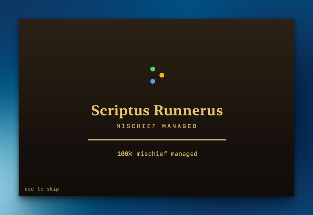 Boot screen for Scriptus Runnerus showing "Mischief Managed" with 100% mischief managed progress bar and colorful dots at top.